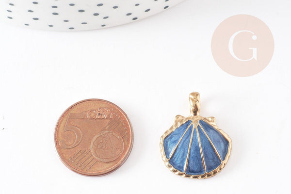 Pendentif coquillage zamac doré émail bleu marine 24.5mm, pendentif coquillage pour création bijoux x2 G1884