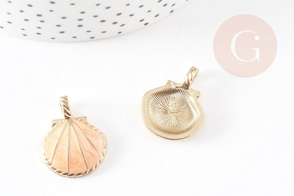 Pendentif coquillage zamac doré rose saumon 24.5mm, x2 (G1792)