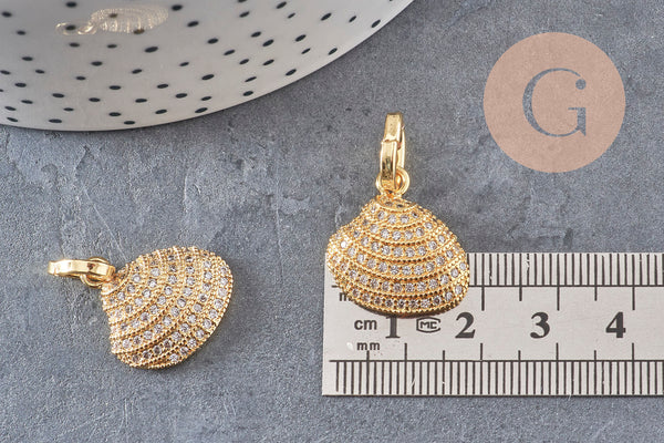 Pendentif coquillage zircons blancs laiton doré 20mm, x1 (G9829)