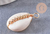 Pendentif coquillages cauri blanc naturels perles & fil dorés 24-30mm, x2 (G10318)