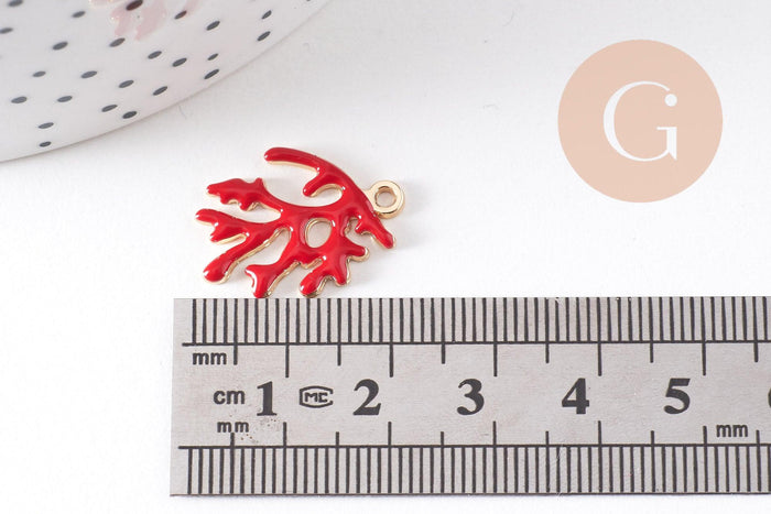 Pendentif corail émail rouge zamac doré 21.5mm, x2 (G10474)
