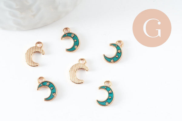 Pendentif croissant lune étoiles émail bleu zamac doré 11.5mm, x1 (G5920)