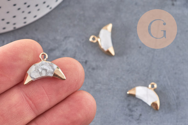 Pendentif croissant lune howlite naturelle doré 18mm, pendentif bijoux pierre naturelle x1 (G1206)