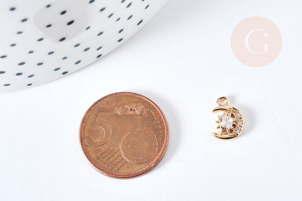 Pendentif croissant lune laiton doré 18k étoile zircon 10.5mm , pendentif pour creation bijoux x1 (G8580)