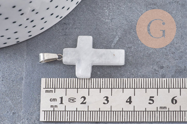 Pendentif croix cristal de roche acier inoxydable 29mm,pendentif pierre, support argent, création bijoux,quartz naturel, x1 (G5842)