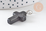 Pendentif croix jade naturel noir acier inoxydable 29mm,pendentif pierre, support argent, création bijoux,jade naturel,l x1 (G5704)