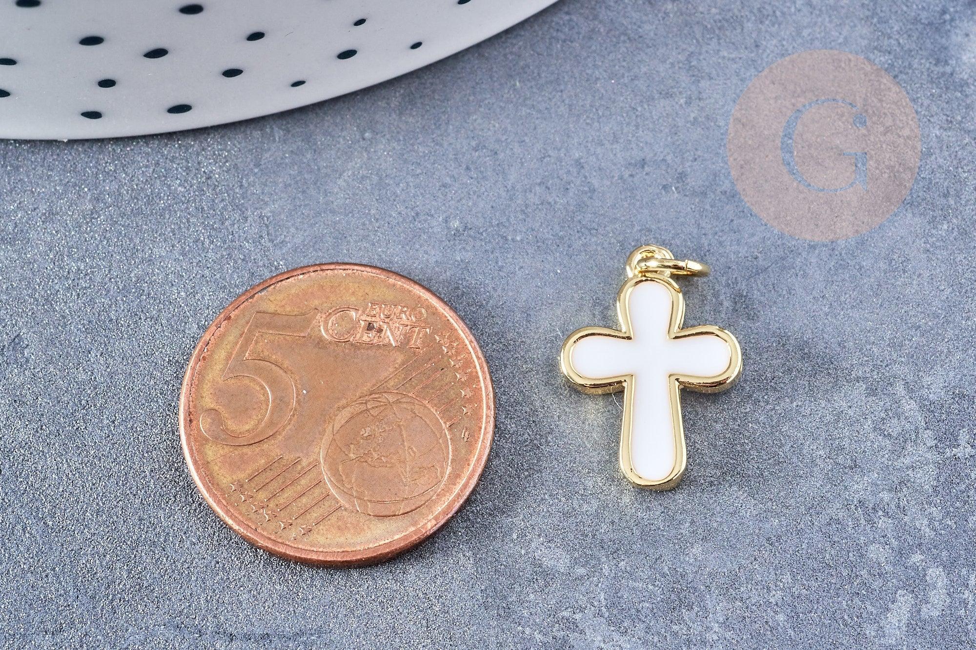 Pendentif croix laiton doré18K émail blanc 18mm,pendentif doré pour création de bijoux,x1 G8583