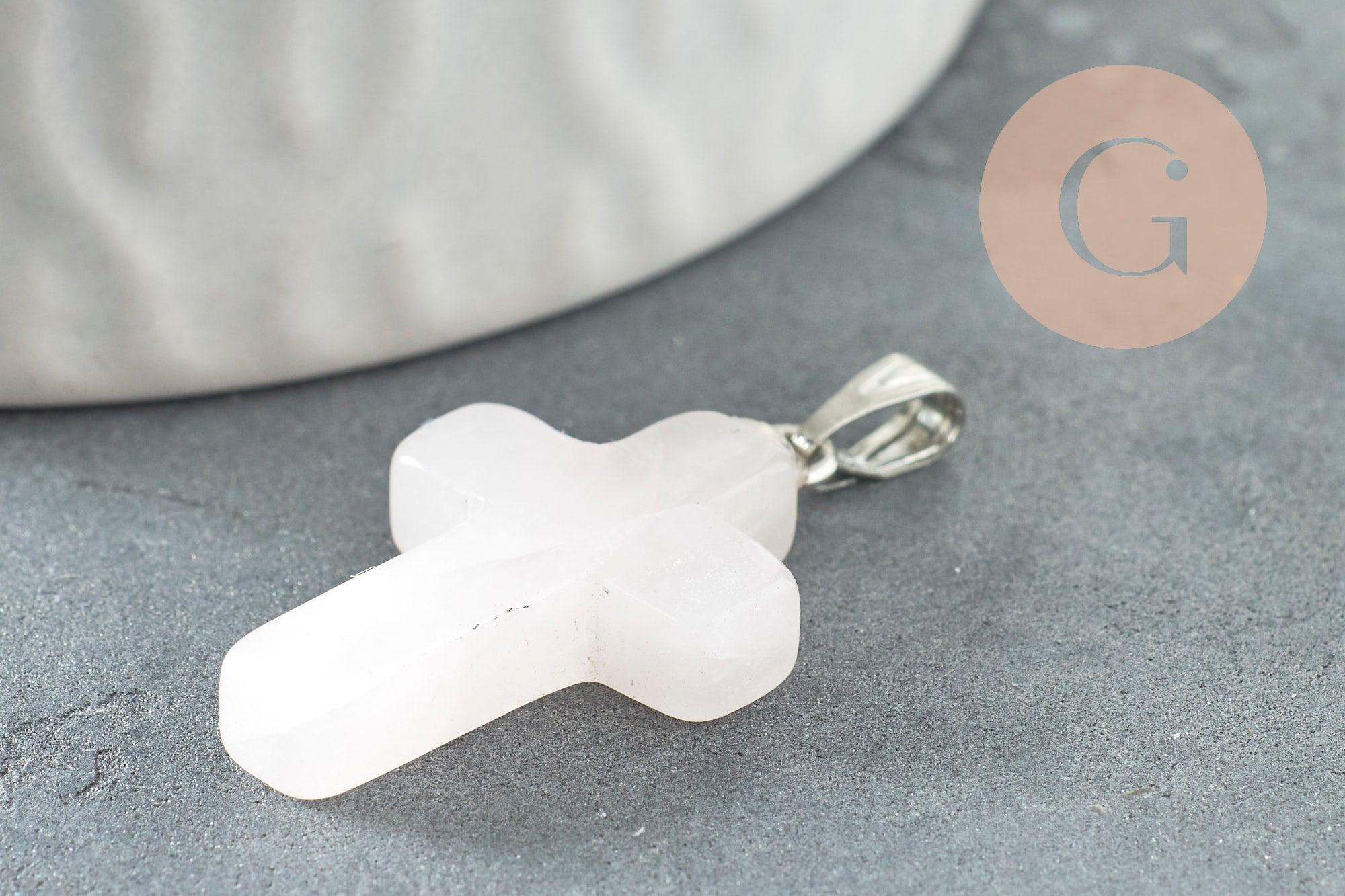 Pendentif croix quartz rose, fournitures créatives, pendentif pierre naturelle,quartz rose naturel, 15mm, x1 G0705