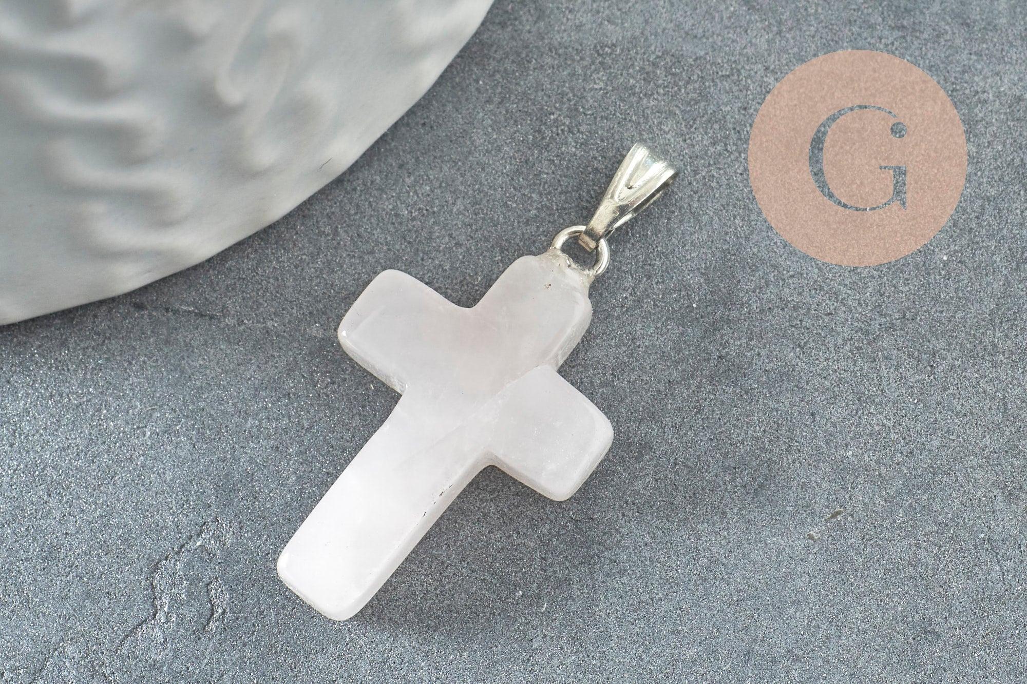 Pendentif croix quartz rose, fournitures créatives, pendentif pierre naturelle,quartz rose naturel, 15mm, x1 G0705