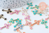 Pendentif croix zamac doré émail multicolore 25mm, x5 (G6089)