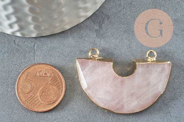 Pendentif demi-cercle quartz rose naturel fer doré 41mm, pendentif bijoux,fabrication collier,pendentif pierre naturelle x1 G0298