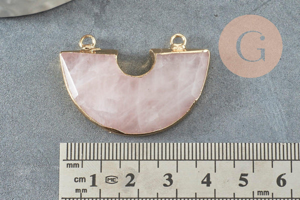 Pendentif demi-cercle quartz rose naturel fer doré 41mm, pendentif bijoux,fabrication collier,pendentif pierre naturelle x1 G0298