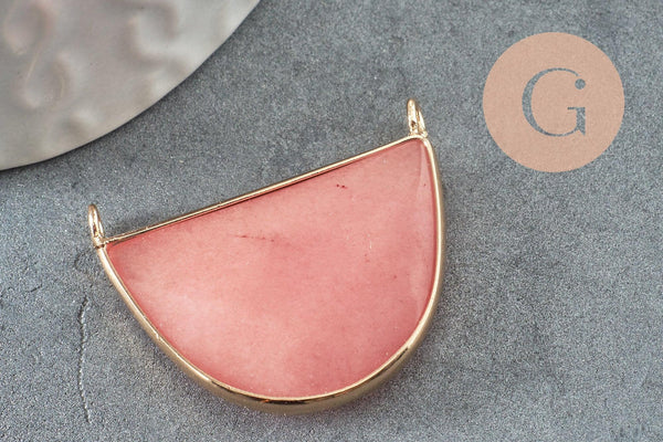Pendentif demi-lune jade naturel teinté rose laiton doré 32mm, x1 (G1535)