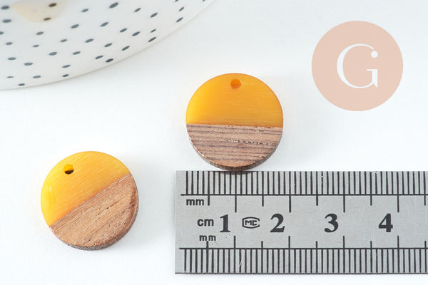 Pendentif disque bois résine jaune 18mm, x5 (G1804)