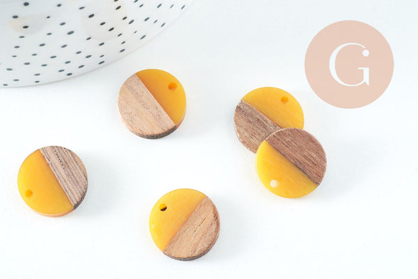 Pendentif disque bois résine jaune 18mm, x5 (G1804)
