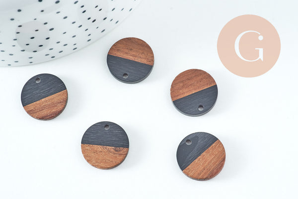 Pendentif disque bois résine noire 18mm, x5 (G2947)