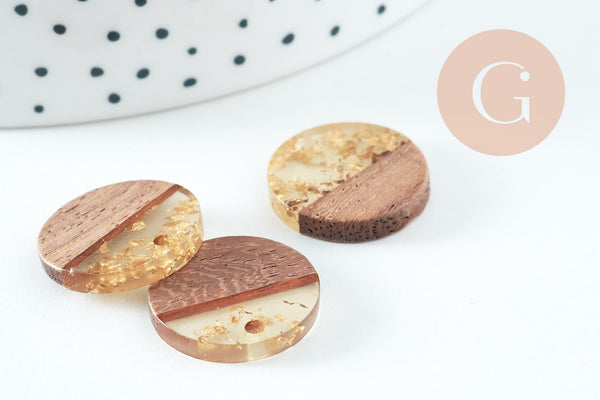 Pendentif disque bois résine paillettes, bois naturel, perle bois rond, perle ronde, bois,18mm, x5 G4540