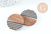 Pendentif disque en bois de noyer résine rayée noir & blanc 28.5mm,x2 (G3784)