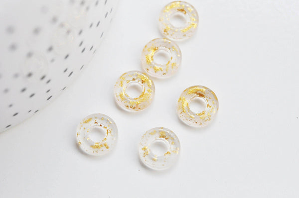 Pendentif donut verre transparent et feuille d'or, un pendentif rond verre pour vos créations de bijoux,15x3mm, x 10 (G3299)