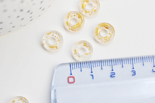 Pendentif donut verre transparent et feuille d'or, un pendentif rond verre pour vos créations de bijoux,15x3mm, x 10 (G3299)