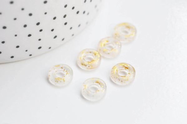 Pendentif donut verre transparent et feuille d'or, un pendentif rond verre pour vos créations de bijoux,15x3mm, x 10 (G3299)
