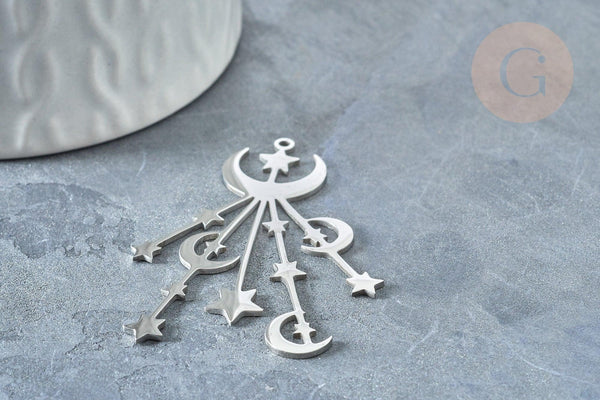 Pendentif doré lunes et étoiles argenté acier inoxydable 53mm, création bijoux acier inoxydable platine x1 G7617