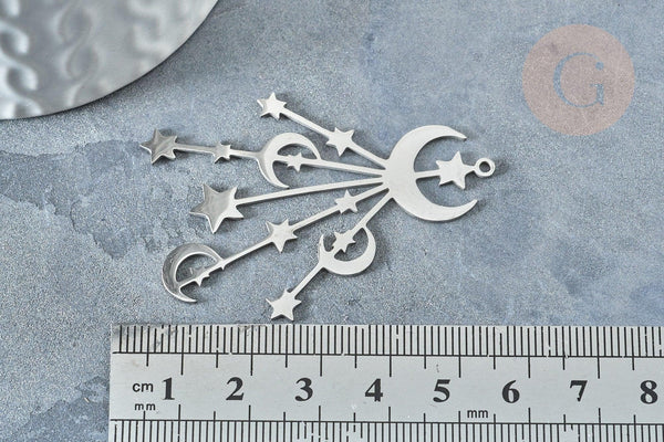 Pendentif doré lunes et étoiles argenté acier inoxydable 53mm, création bijoux acier inoxydable platine x1 G7617