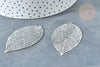 Pendentif estampe filigrane feuille acier 201 inoxydable platine 60mm, x2 (G8016)