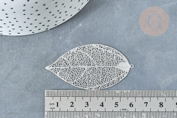 Pendentif estampe filigrane feuille acier 201 inoxydable platine 60mm, x2 (G8016)