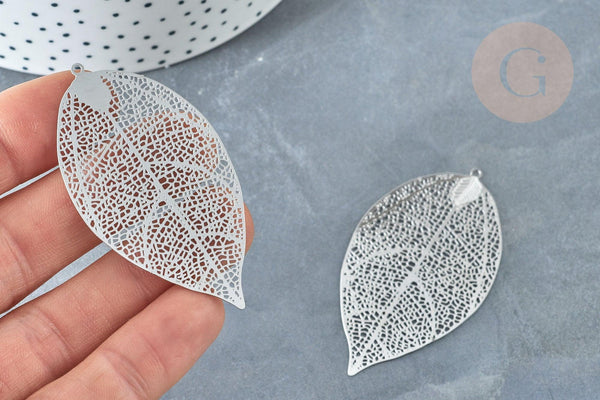 Pendentif estampe filigrane feuille acier 201 inoxydable platine 60mm, x2 (G8016)