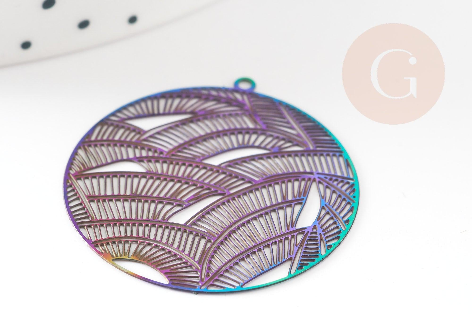 Pendentif estampe filigrane feuille acier multicolore, Pendentif très fin et léger, 31.5x30,x2 (G4098)