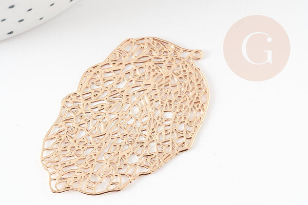 Pendentif estampe filigrane feuille dentelle géométrique laiton doré 51.5mm, Pendentif très fin et léger pour création de bijoux, x1 (G9265)
