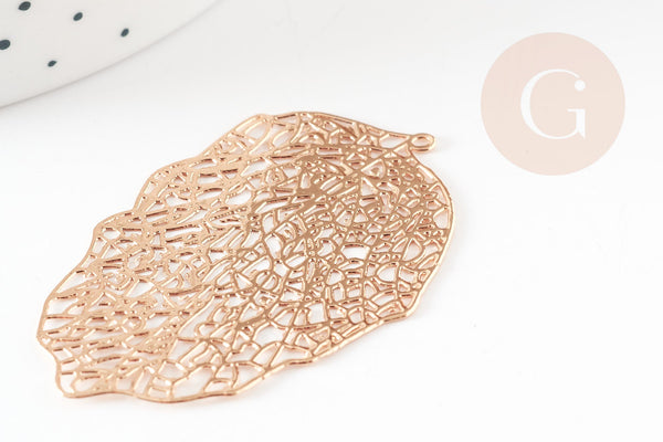 Pendentif estampe filigrane feuille dentelle géométrique laiton doré 51.5mm, Pendentif très fin et léger pour création de bijoux, x1 (G9265)