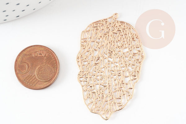 Pendentif estampe filigrane feuille dentelle géométrique laiton doré 51.5mm, Pendentif très fin et léger pour création de bijoux, x1 (G9265)