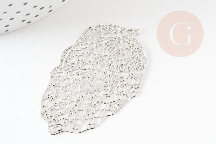 Pendentif estampe filigrane feuille dentelle géométrique laiton platine 51.5mm, Pendentif très fin et léger pour création de bijoux, x1 (G9270)