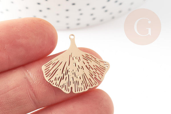Pendentif estampe filigrane feuille gingko laiton doré, 25mm, x2 (G3694)