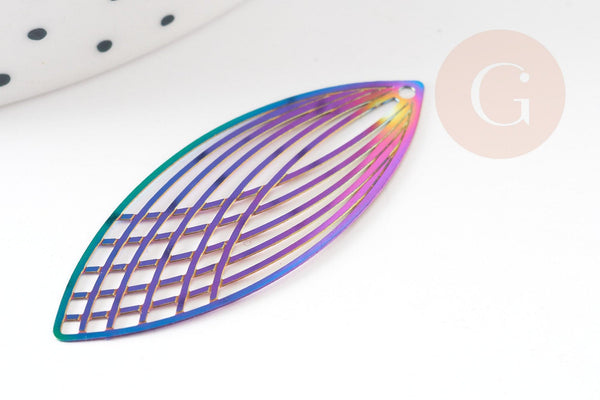 Pendentif estampe filigrane feuille ovale acier arc-en-ciel, Pendentif très fin et léger, 40x16mm, x2 (G4443)