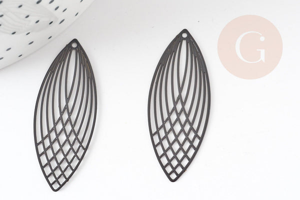 Pendentif estampe filigrane feuille ovale laiton noir 40x16mm, x2 (G3702)