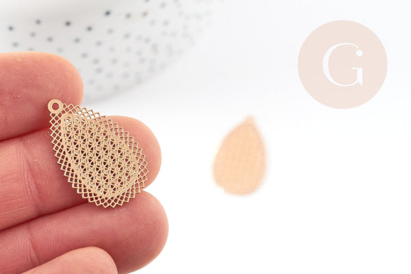 Pendentif estampe filigrane goutte géométrique laiton doré 26mm, Pendentif très fin et léger pour création de bijoux DIY x2 (G9203)