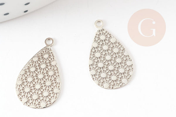 Pendentif estampe filigrane goutte motif géométrique laiton platine 19.5mm, très fin et léger bijoux argentés, x2 G9289