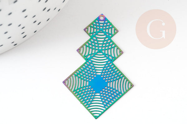 Pendentif estampe filigrane losange acier multicolore, Pendentif très fin et léger pour création,40.5mm,x1 (G5574)