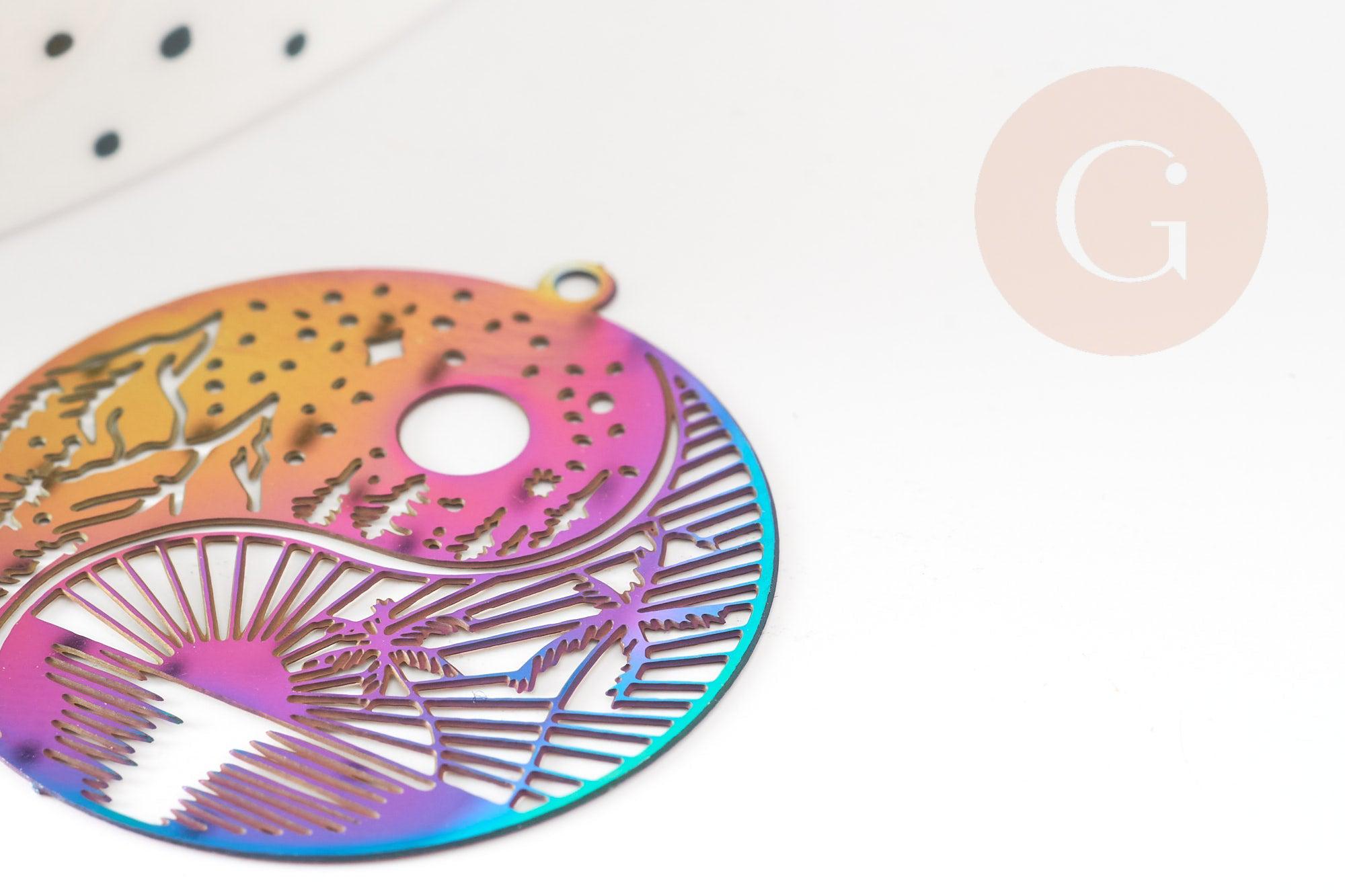 Pendentif estampe filigrane paysage multicolore acier 201 inoxydable 32mm, Pendentif très fin et léger, x2 (G4444)