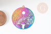 Pendentif estampe filigrane paysage multicolore acier 201 inoxydable 32mm, Pendentif très fin et léger, x2 (G4444)