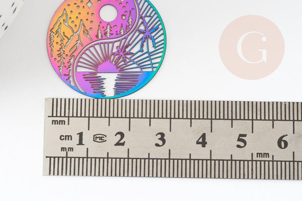 Pendentif estampe filigrane paysage multicolore acier 201 inoxydable 32mm, Pendentif très fin et léger, x2 (G4444)