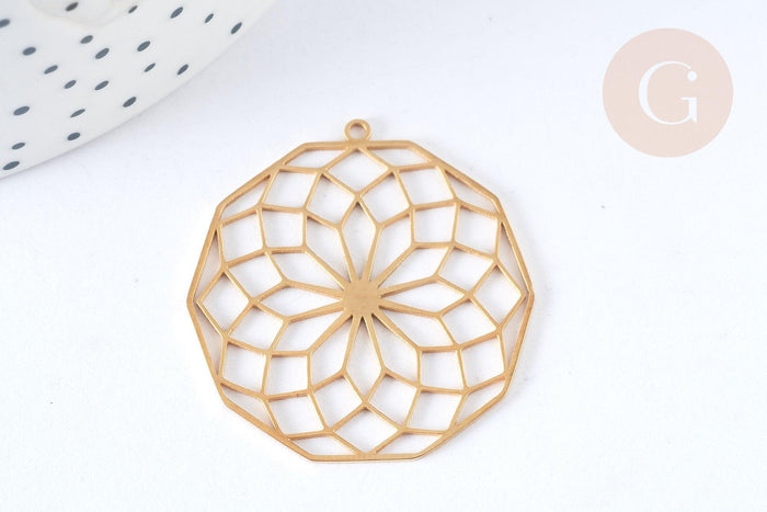Pendentif estampe filigrane polygone fleur acier inoxydable 201 doré 35.5mm, x1 (G7253)