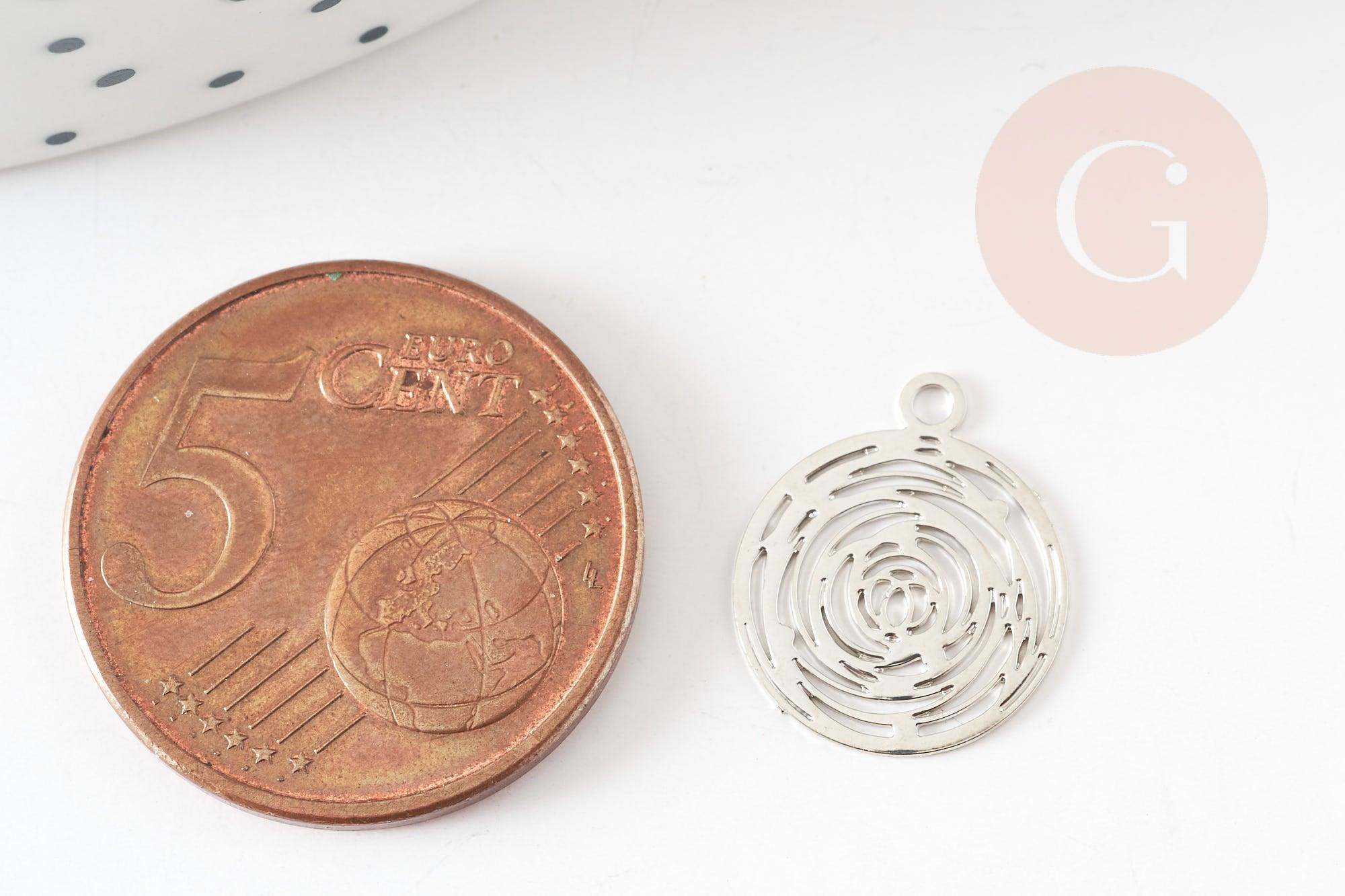 Pendentif estampe filigrane rond Fleur rose laiton platine 14.5mm, x2 (G9305)