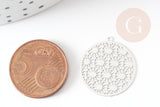 Pendentif estampe filigrane rond acier argent, Pendentif très fin et léger, 21.5x20mm ,x2 (G4111)