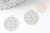 Pendentif estampe filigrane rond acier argent, Pendentif très fin et léger, 21.5x20mm ,x2 (G4111)