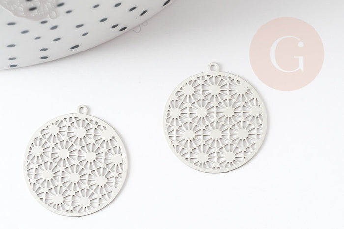 Pendentif estampe filigrane rond acier argent, Pendentif très fin et léger, 21.5x20mm ,x2 (G4111)