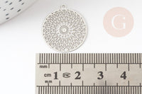 Pendentif estampe filigrane rond acier argent, Pendentif très fin et léger, 22x20mm,x2 (G4910)